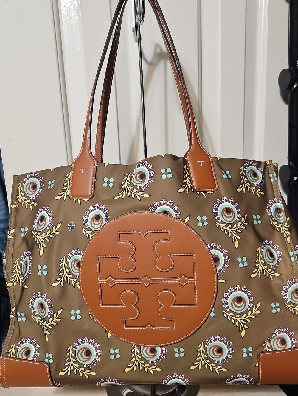 Tory Burch EUC Ella Brown Floral-Print Canvas Tote with Tan Leather Trim